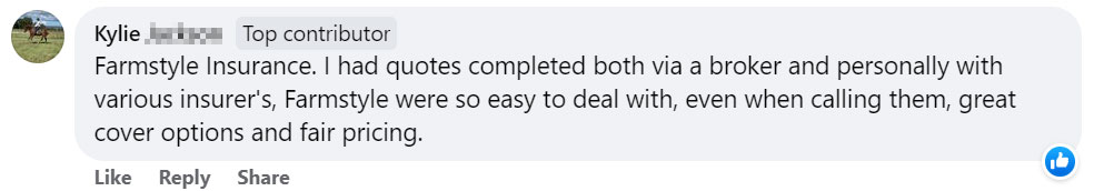 Farmstyle Insurance. I had quotes completed both via a broker and personally with various insurers. Farmstyle were so easy to deal with, even when calling them, great cover options and fair pricing.